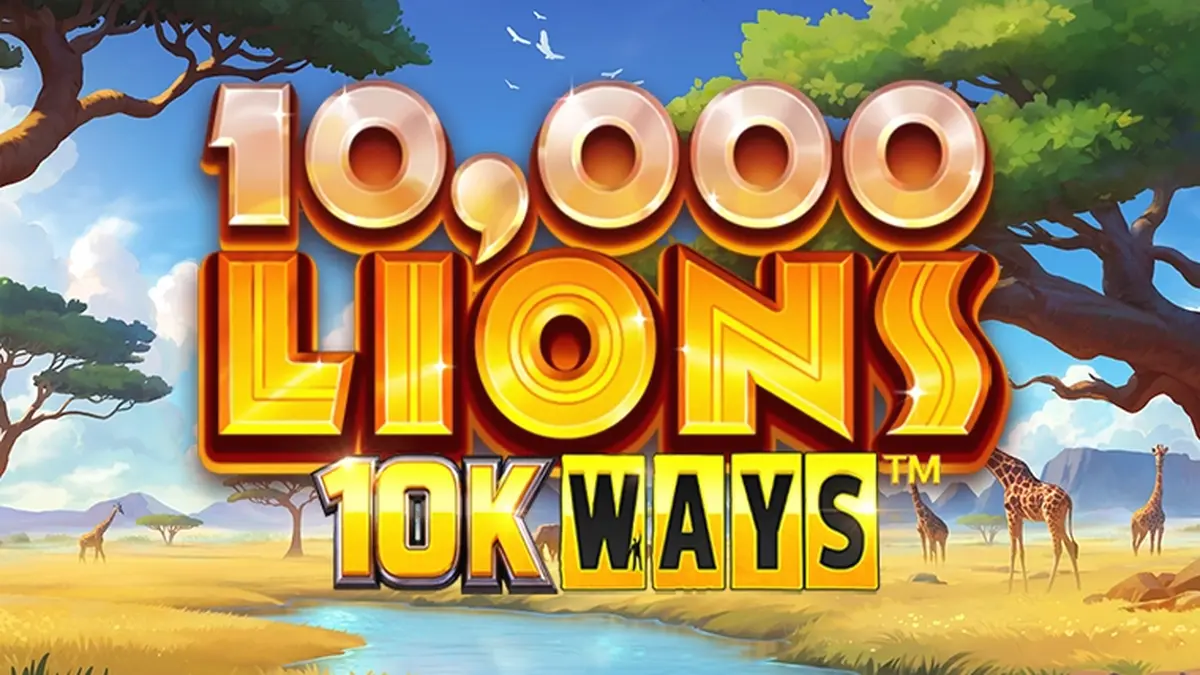 Interface do jogo de slot 10,000 Lions 10K Ways com tema de savana