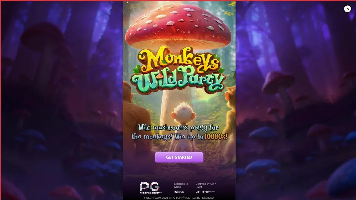 Interface vibrante do jogo de slot Monkeys Wild Party com macacos e cogumelos mágicos