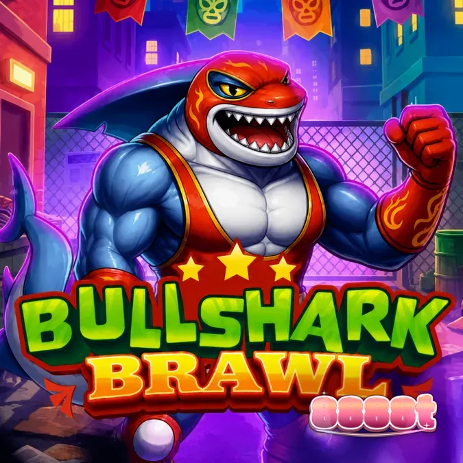 Interface do jogo de slot Bullshark Brawl com temática de tubarões lutadores